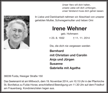 Traueranzeige von Irene Wehner 