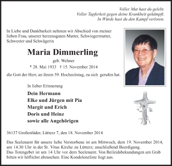 Traueranzeige von Maria Dimmerling 