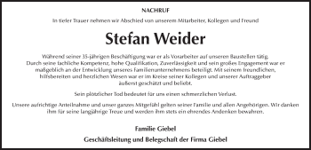 Traueranzeige von Stefan Weider 