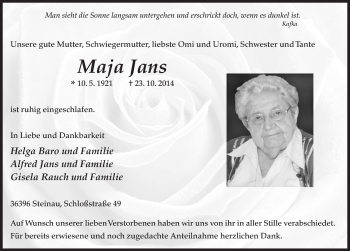 Traueranzeige von Maja Jans 