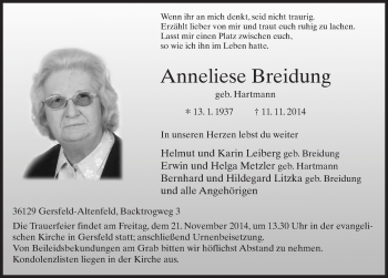 Traueranzeige von Anneliese Breidung 