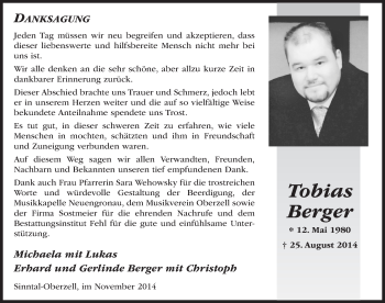 Traueranzeige von Tobias Berger 