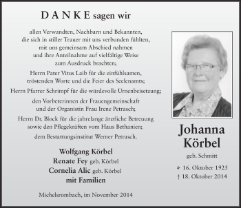 Traueranzeige von Johanna Körbel 