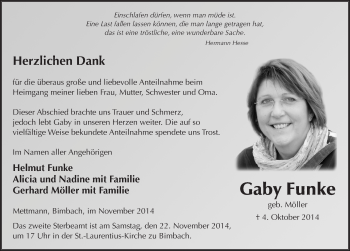Traueranzeige von Gaby Funke 