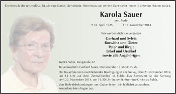 Traueranzeige von Karola Sauer 