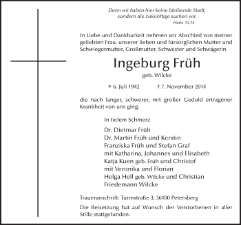 Traueranzeige von Ingeburg Früh 