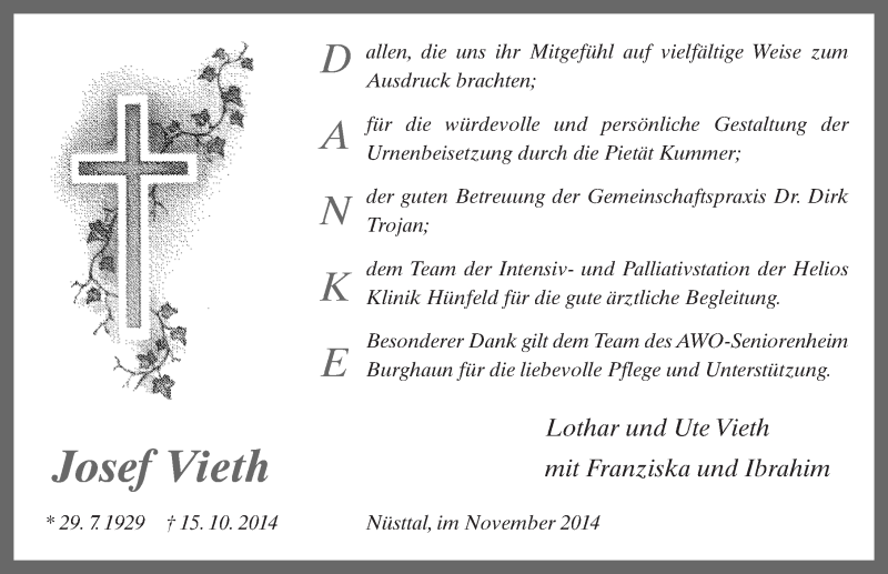  Traueranzeige für Josef Vieth vom 22.11.2014 aus 