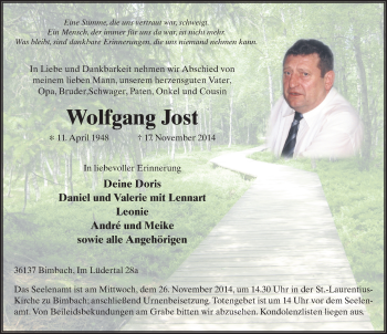 Traueranzeige von Wolfgang Jost 