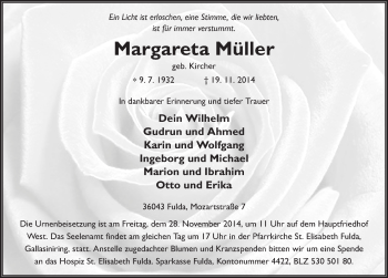 Traueranzeige von Margareta Müller 