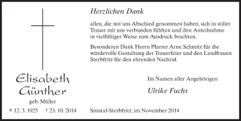 Traueranzeige von Elisabeth Günther 
