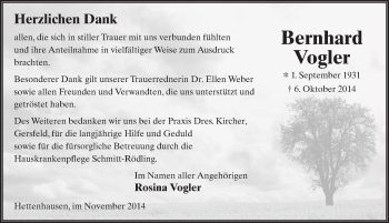 Traueranzeige von Bernhard Vogler 