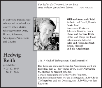Traueranzeige von Hedwig Reith 