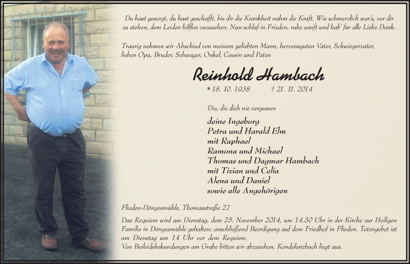  Traueranzeige für Reinhold Hambach vom 24.11.2014 aus 