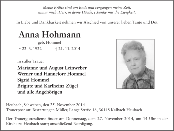 Traueranzeige von Anna Hohmann 