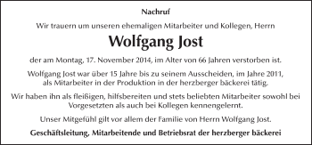 Traueranzeige von Wolfgang Jost 