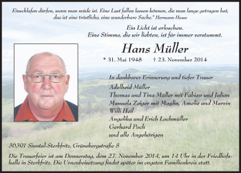 Traueranzeige von Hans Müller 