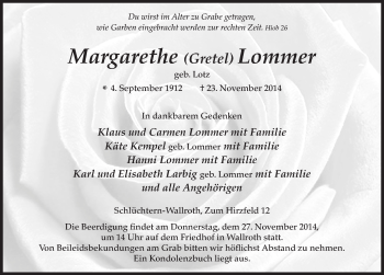 Traueranzeige von Margarethe Lommer 
