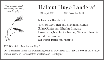 Traueranzeige von Helmut Hugo Landgraf 