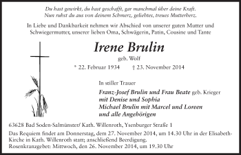 Traueranzeige von Irene Brulin 
