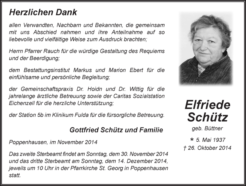  Traueranzeige für Elfriede Schütz vom 28.11.2014 aus 