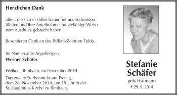 Traueranzeige von Stefanie Schäfer 