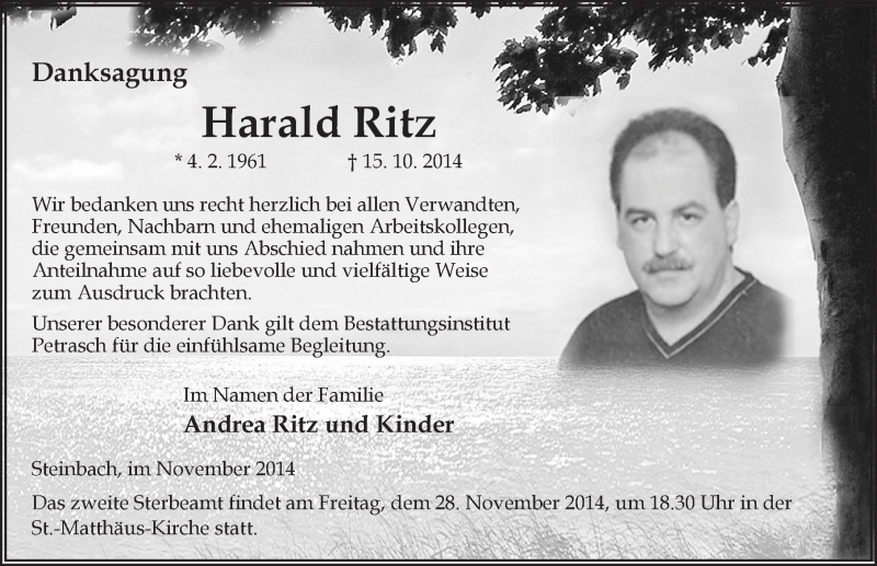  Traueranzeige für Harald Ritz vom 27.11.2014 aus 