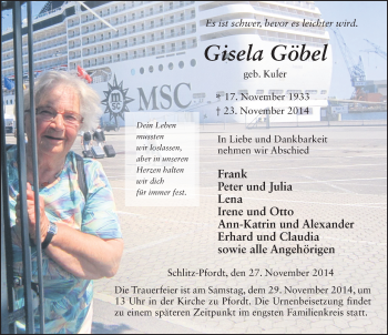 Traueranzeige von Gisela Göbel 