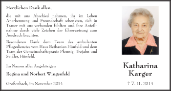 Traueranzeige von Katharina Karger 