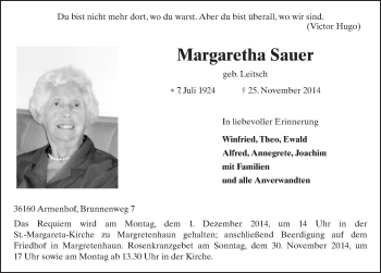 Traueranzeige von Margaretha Sauer 