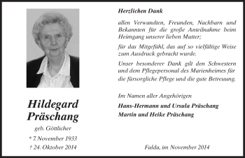 Traueranzeige von Hildegard Präschang 