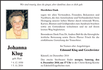 Traueranzeige von Johanna Klug 