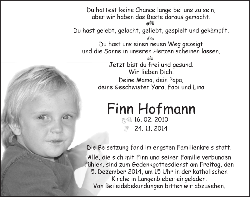  Traueranzeige für Finn Hofmann vom 04.12.2014 aus 