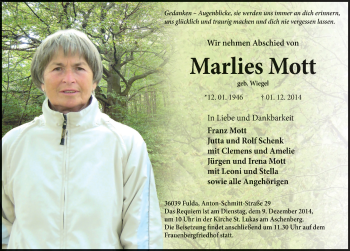 Traueranzeige von Marlies Mott 