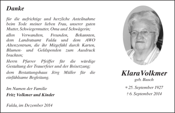 Traueranzeige von Klara Volkmer 