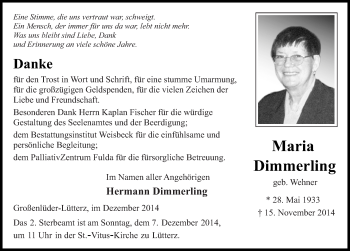 Traueranzeige von Maria Dimmerling 