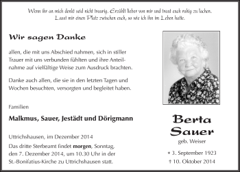 Traueranzeige von Berta Sauer 