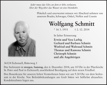 Traueranzeige von Wolfgang Schmitt 
