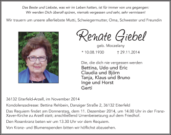 Traueranzeige von Renate Giebel 