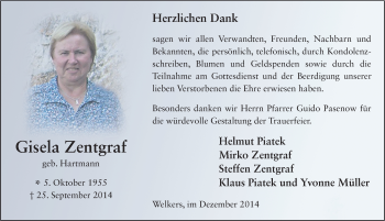 Traueranzeige von Gisela Zentgraf 