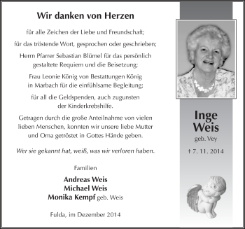 Traueranzeige von Inge Weis 