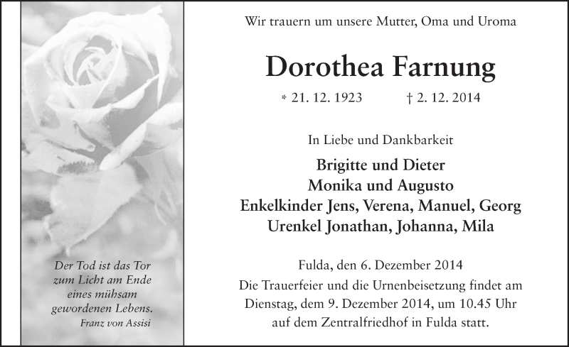 Traueranzeige für Dorothea Farnung vom 06.12.2014 aus 