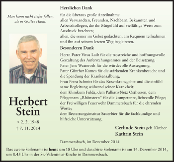 Traueranzeige von Herbert Stein 