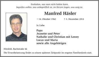 Traueranzeige von Manfred Häsler 