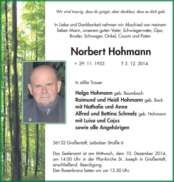 Traueranzeige von Norbert Hohmann 