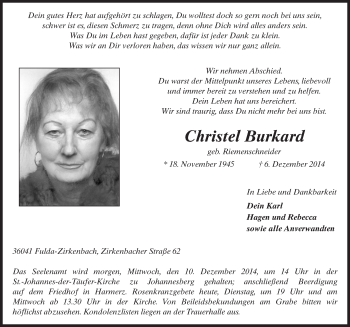 Traueranzeige von Christel Burkard 