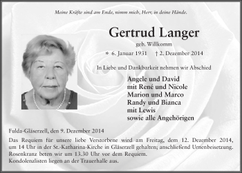 Traueranzeige von Gertrud Langer 