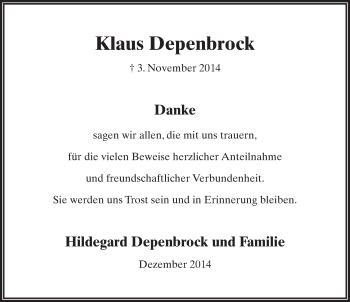 Traueranzeige von Klaus Depenbrock 