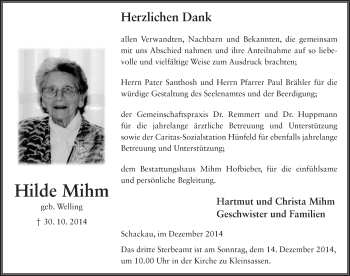 Traueranzeige von Hilde Mihm 