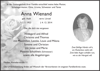 Traueranzeige von Anna Wienand 