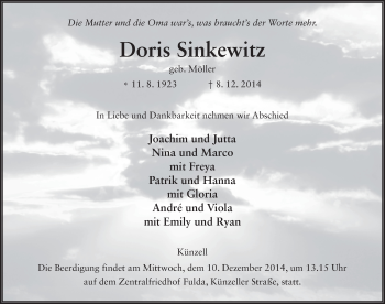 Traueranzeige von Doris Sinkewitz 